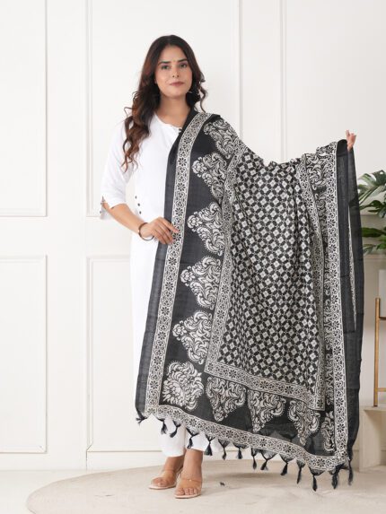 Floral Print Black Dupatta