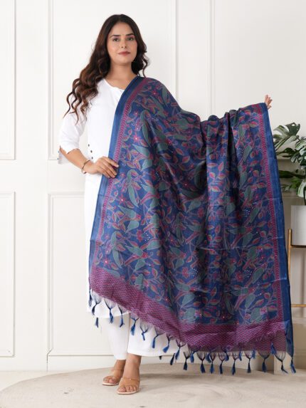 Floral Print Dark Blue Dupatta
