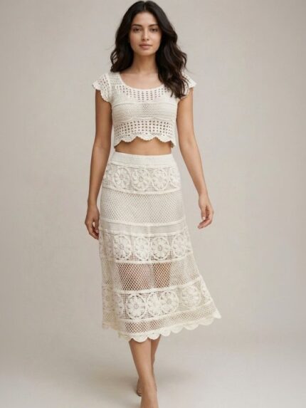 Women's White Crochet Co-Ord Set with Midi Skirt