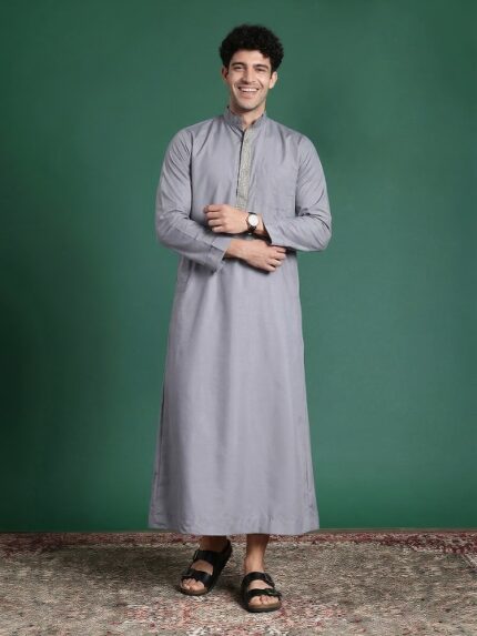 Cotton Navy Grey Embroidered Jubba or Thobe