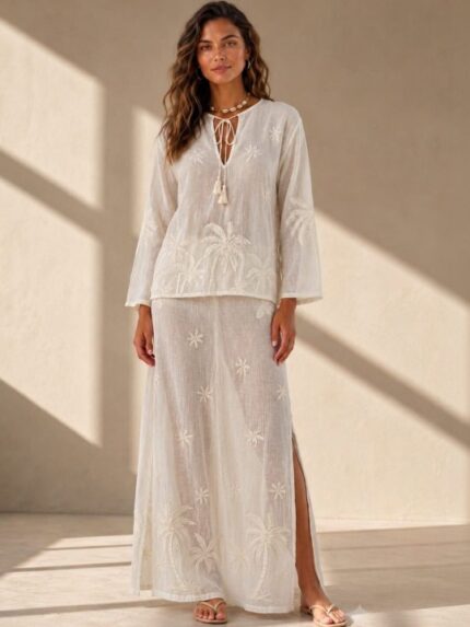 Embroidered Keyhole Cotton Tunic & Skirt Co-Ord Set
